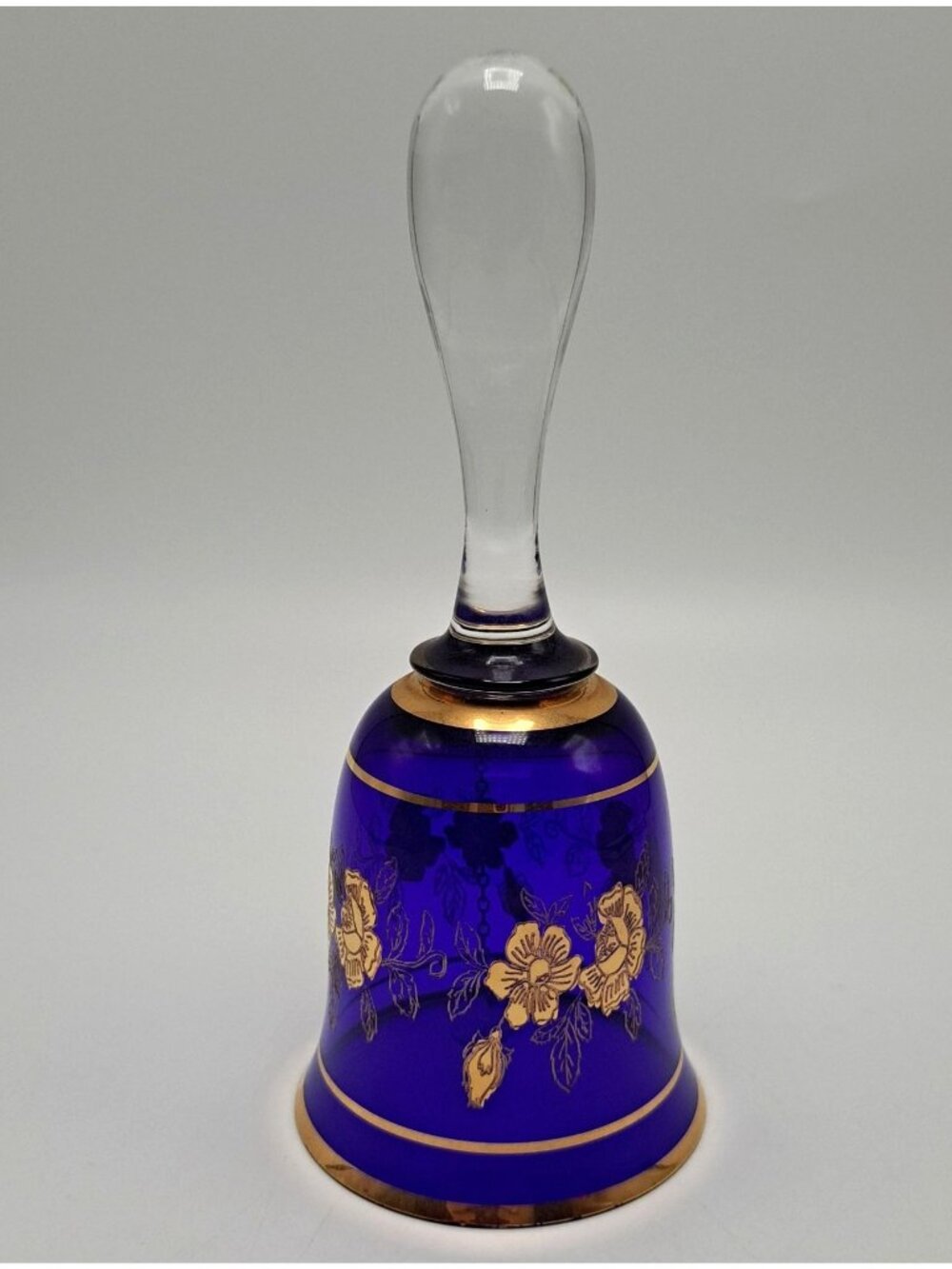 Bohemian Blue Glass Bell With Gold Floral Design